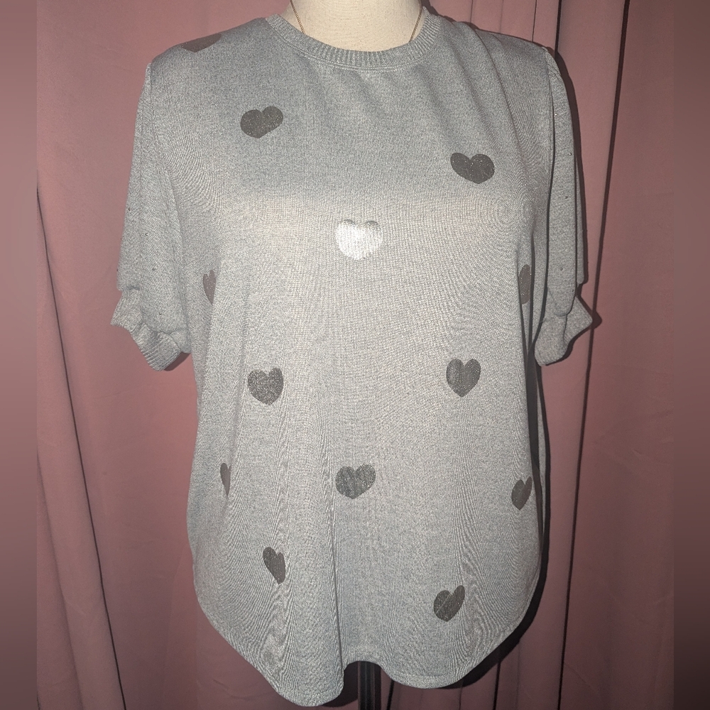 LOVE + LACE Heart Print Lightweight Sweater with Tiny Studs on Sleeves 2x